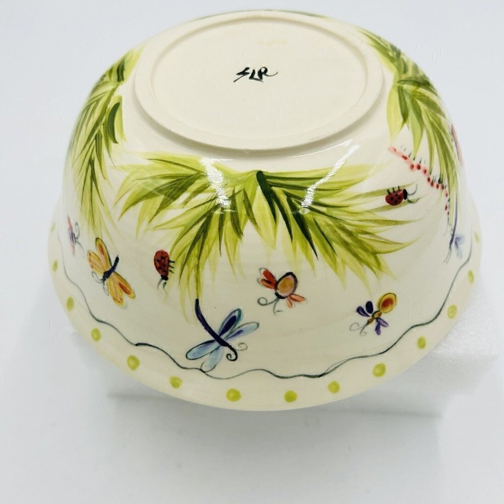 Hand Painted Art Pottery 8.25” x 3" Serving Bowl Signed SLR Butterfly Pattern